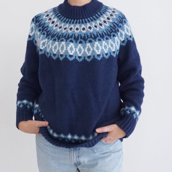 Lands End Navy Knit 3% Wool w White Fair Isle Crew Next Sweater XL - Picture 1 of 11